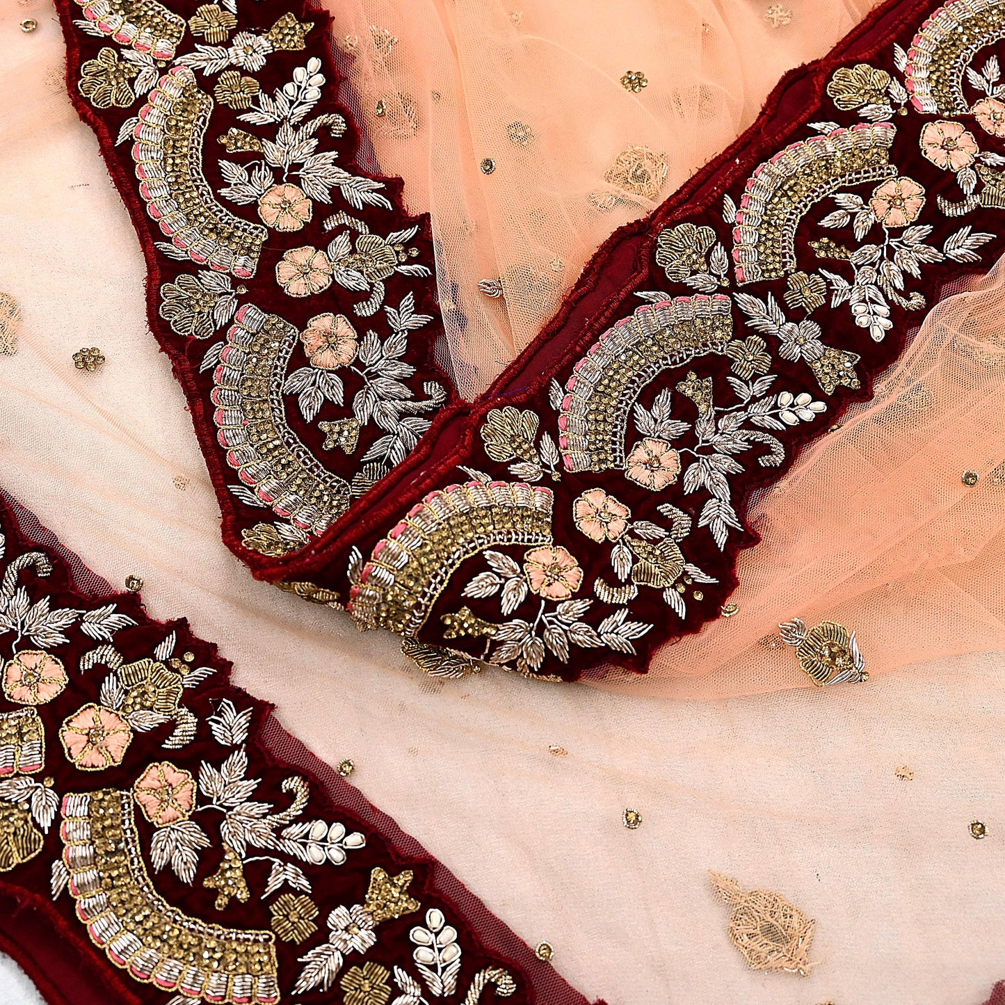 Pre-Owned Designer Anamika Khanna Hand Embroidered Lehenga & Dupatta Set  Maroon Velvet Skirt with Peach Net Dupatta