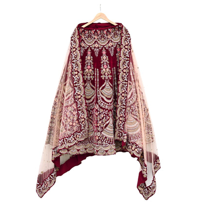 Pre-Owned Designer Anamika Khanna Hand Embroidered Lehenga & Dupatta Set  Maroon Velvet Skirt with Peach Net Dupatta
