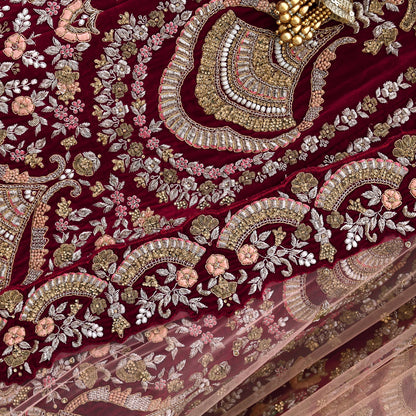 Pre-Owned Designer Anamika Khanna Hand Embroidered Lehenga & Dupatta Set  Maroon Velvet Skirt with Peach Net Dupatta