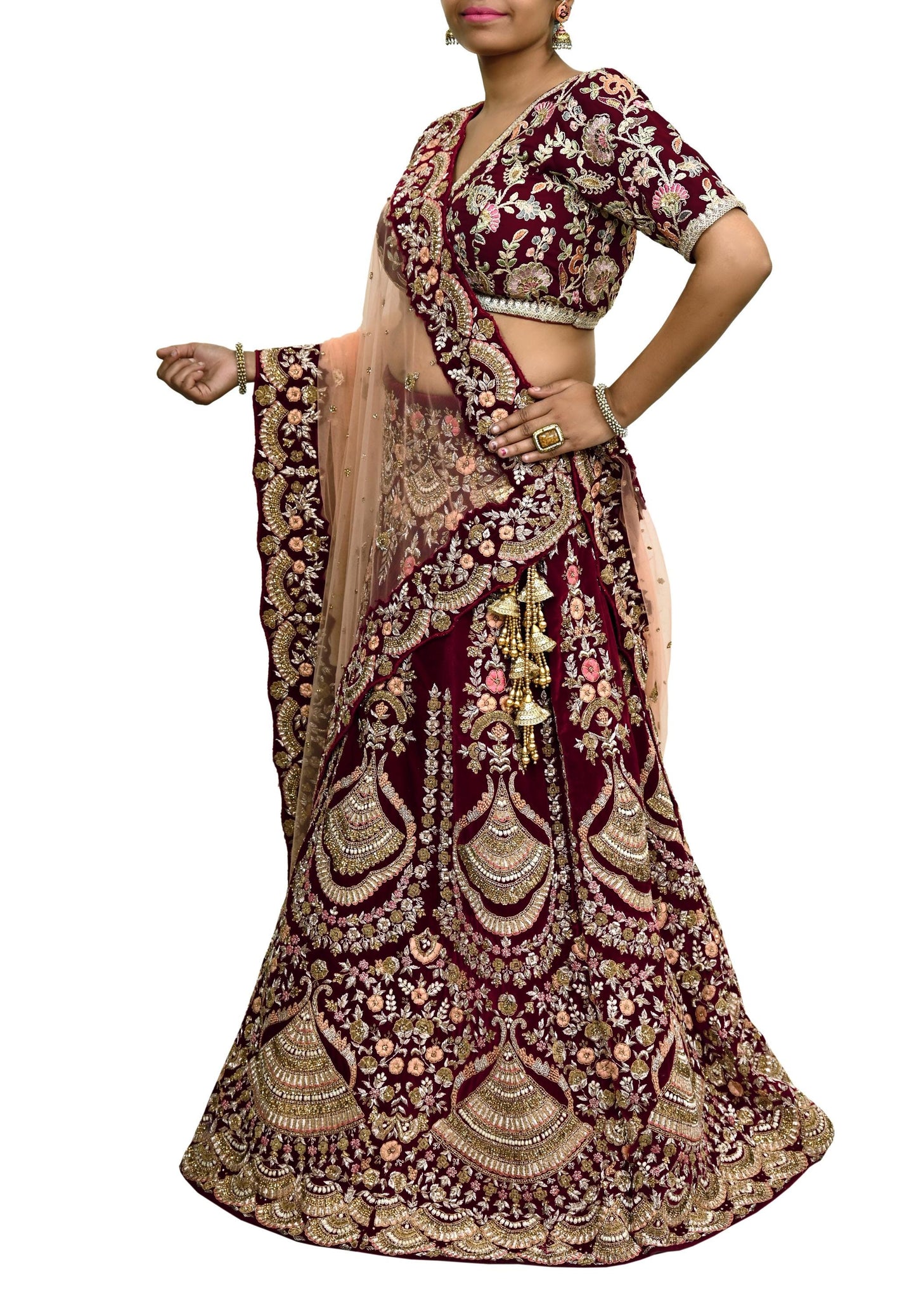 Pre-Owned Designer Anamika Khanna Hand Embroidered Lehenga & Dupatta Set  Maroon Velvet Skirt with Peach Net Dupatta