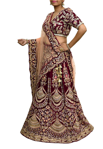Pre-Owned Designer Anamika Khanna Hand Embroidered Lehenga & Dupatta Set  Maroon Velvet Skirt with Peach Net Dupatta