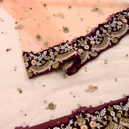 Indian Pre-owned Heavy Wedding Peach Net/Mesh/ Velvet Hand Embroidered Dupatta Designer By Anamika Khanna Bridal Wear