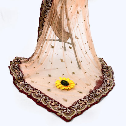 Indian Pre-owned Heavy Wedding Peach Net/Mesh/ Velvet Hand Embroidered Dupatta Designer By Anamika Khanna Bridal Wear