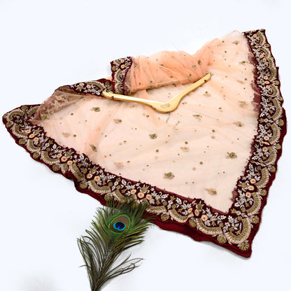 Indian Pre-owned Heavy Wedding Peach Net/Mesh/ Velvet Hand Embroidered Dupatta Designer By Anamika Khanna Bridal Wear