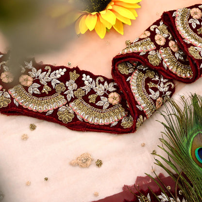 Indian Pre-owned Heavy Wedding Peach Net/Mesh/ Velvet Hand Embroidered Dupatta Designer By Anamika Khanna Bridal Wear