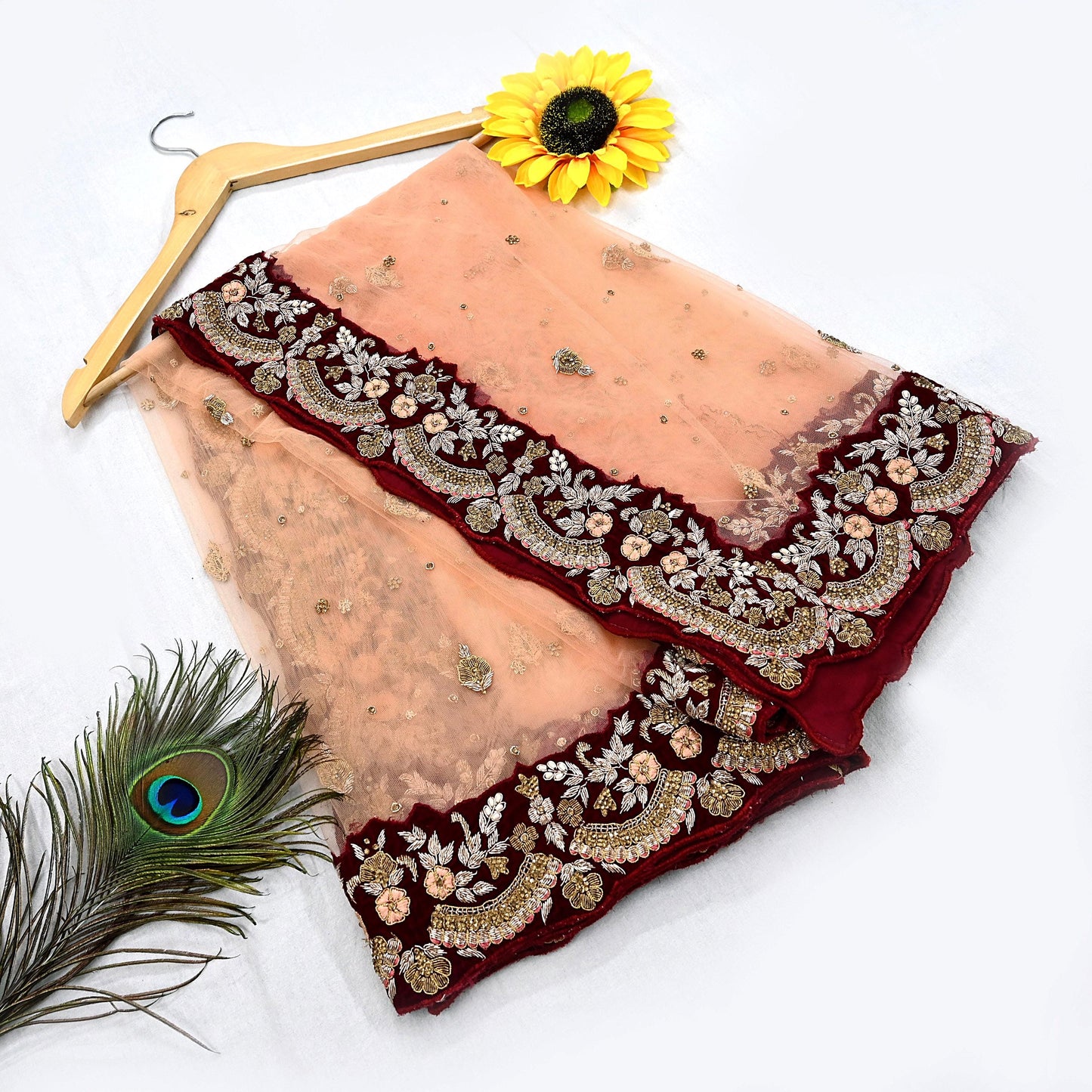 Indian Pre-owned Heavy Wedding Peach Net/Mesh/ Velvet Hand Embroidered Dupatta Designer By Anamika Khanna Bridal Wear