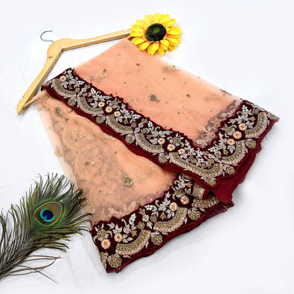 Indian Pre-owned Heavy Wedding Peach Net/Mesh/ Velvet Hand Embroidered Dupatta Designer By Anamika Khanna Bridal Wear