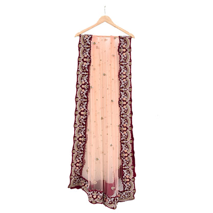 Indian Pre-owned Heavy Wedding Peach Net/Mesh/ Velvet Hand Embroidered Dupatta Designer By Anamika Khanna Bridal Wear
