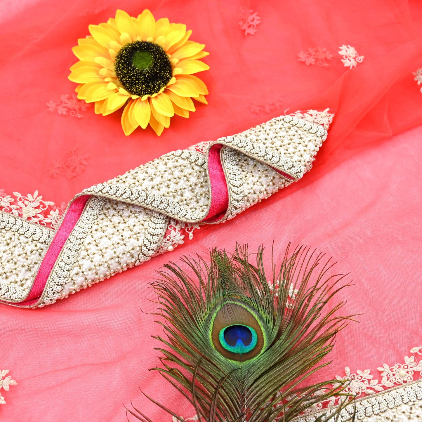 Indian Pre-owned Heavy Dupatta Pink Net Long Stole Hand Embroidered By Designer Abu Jani Scarves Bridal Veil