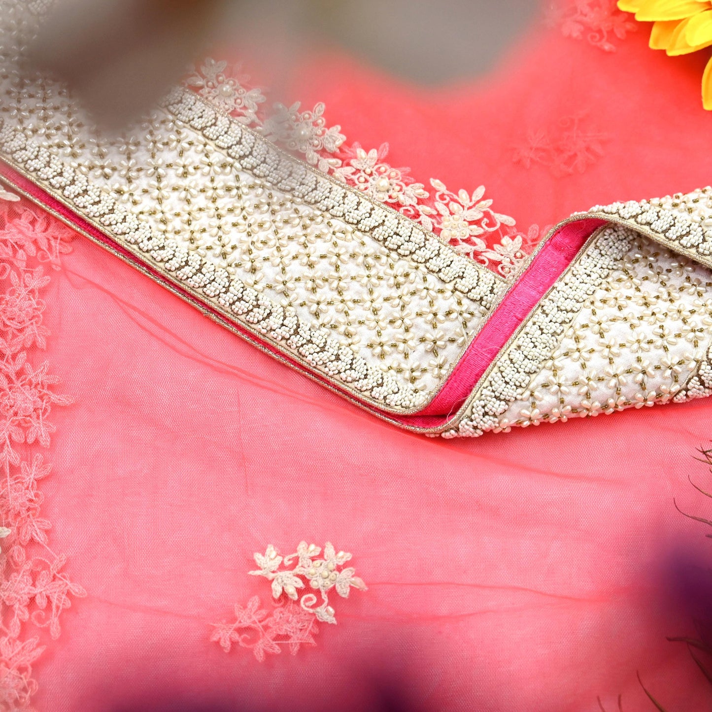 Indian Pre-owned Heavy Dupatta Pink Net Long Stole Hand Embroidered By Designer Abu Jani Scarves Bridal Veil