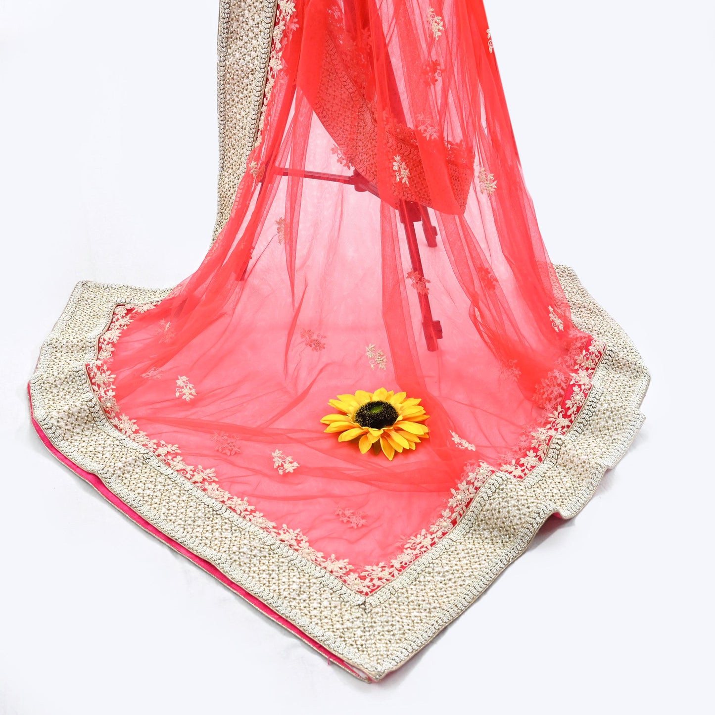 Indian Pre-owned Heavy Dupatta Pink Net Long Stole Hand Embroidered By Designer Abu Jani Scarves Bridal Veil