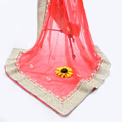 Indian Pre-owned Heavy Dupatta Pink Net Long Stole Hand Embroidered By Designer Abu Jani Scarves Bridal Veil