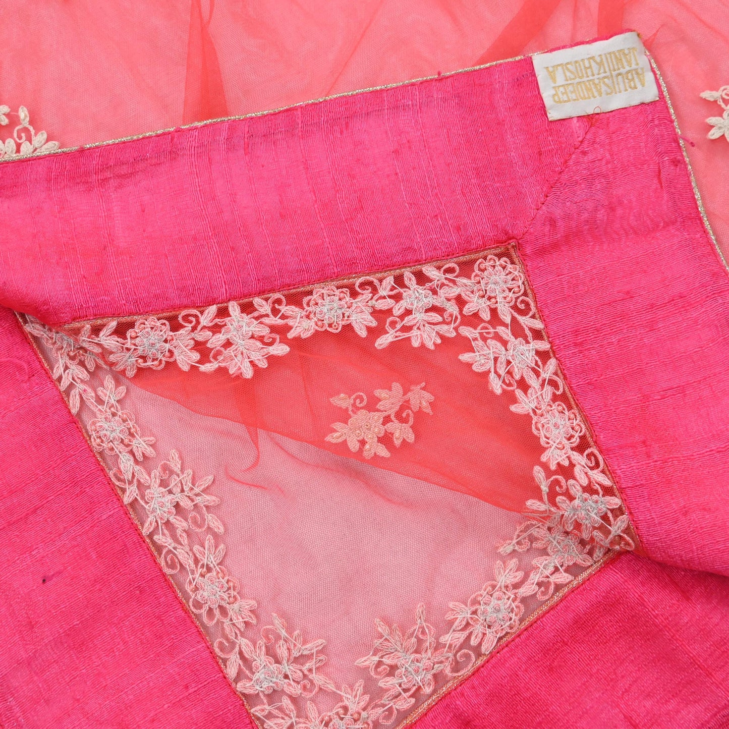 Indian Pre-owned Heavy Dupatta Pink Net Long Stole Hand Embroidered By Designer Abu Jani Scarves Bridal Veil