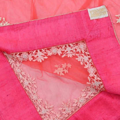 Indian Pre-owned Heavy Dupatta Pink Net Long Stole Hand Embroidered By Designer Abu Jani Scarves Bridal Veil