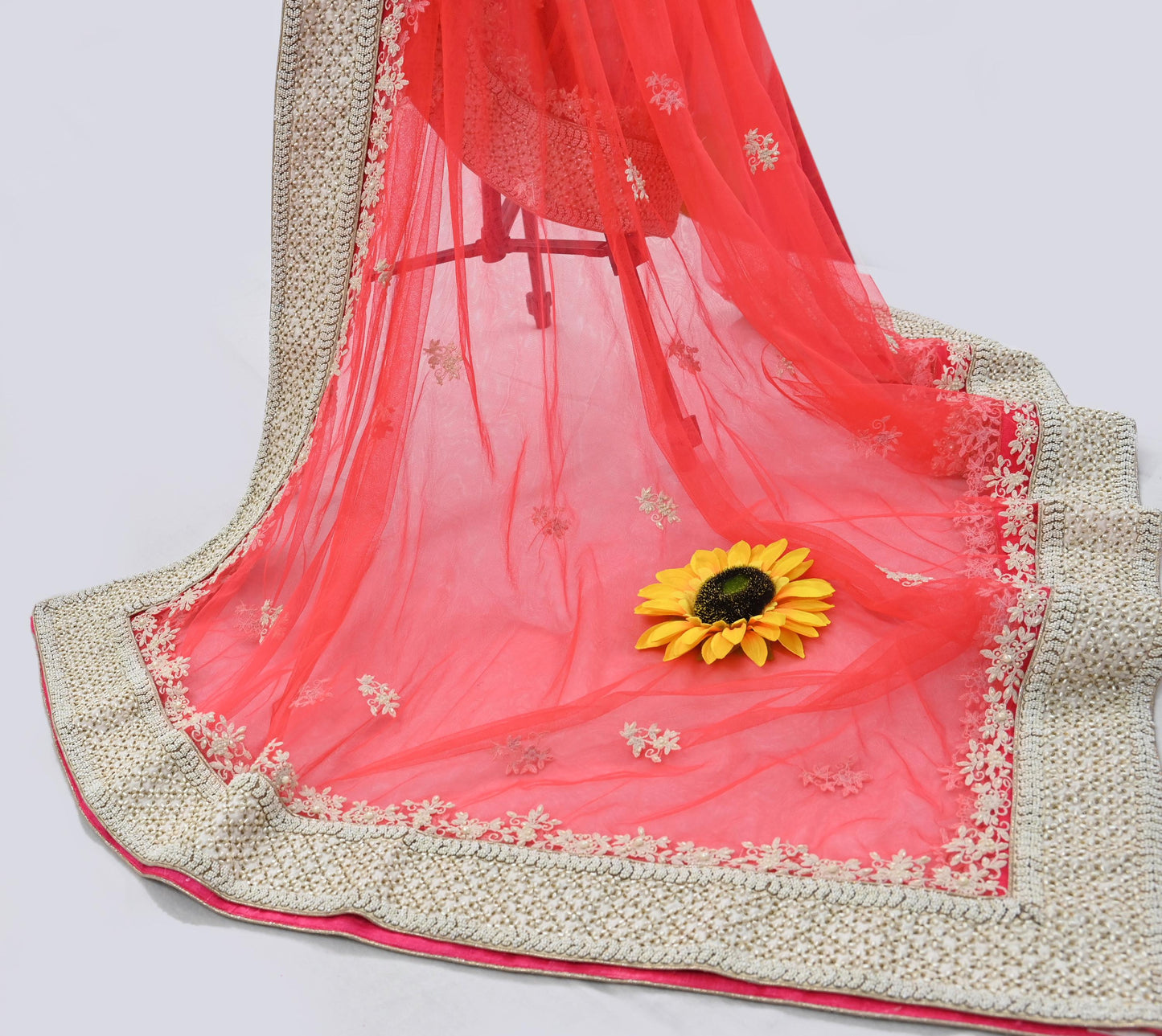 Indian Pre-owned Heavy Dupatta Pink Net Long Stole Hand Embroidered By Designer Abu Jani Scarves Bridal Veil