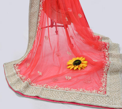 Indian Pre-owned Heavy Dupatta Pink Net Long Stole Hand Embroidered By Designer Abu Jani Scarves Bridal Veil