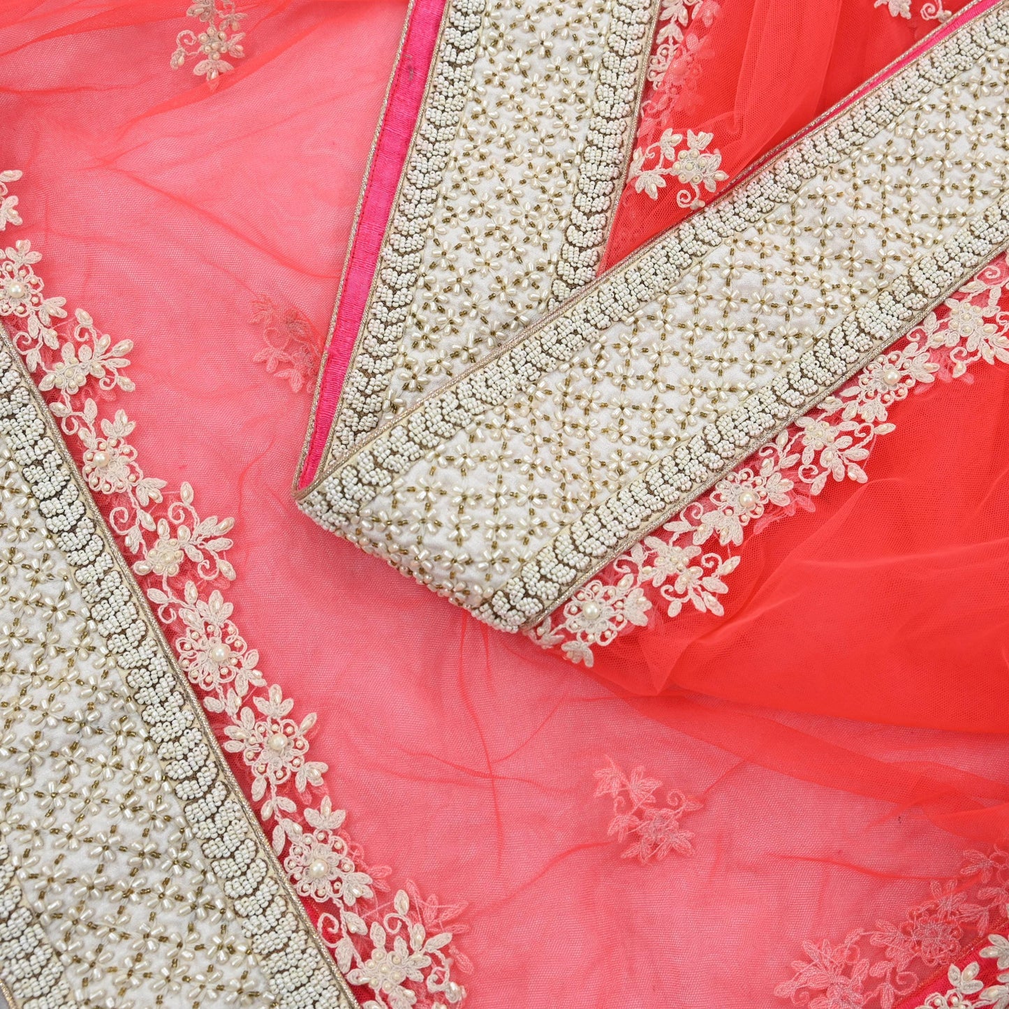 Indian Pre-owned Heavy Dupatta Pink Net Long Stole Hand Embroidered By Designer Abu Jani Scarves Bridal Veil