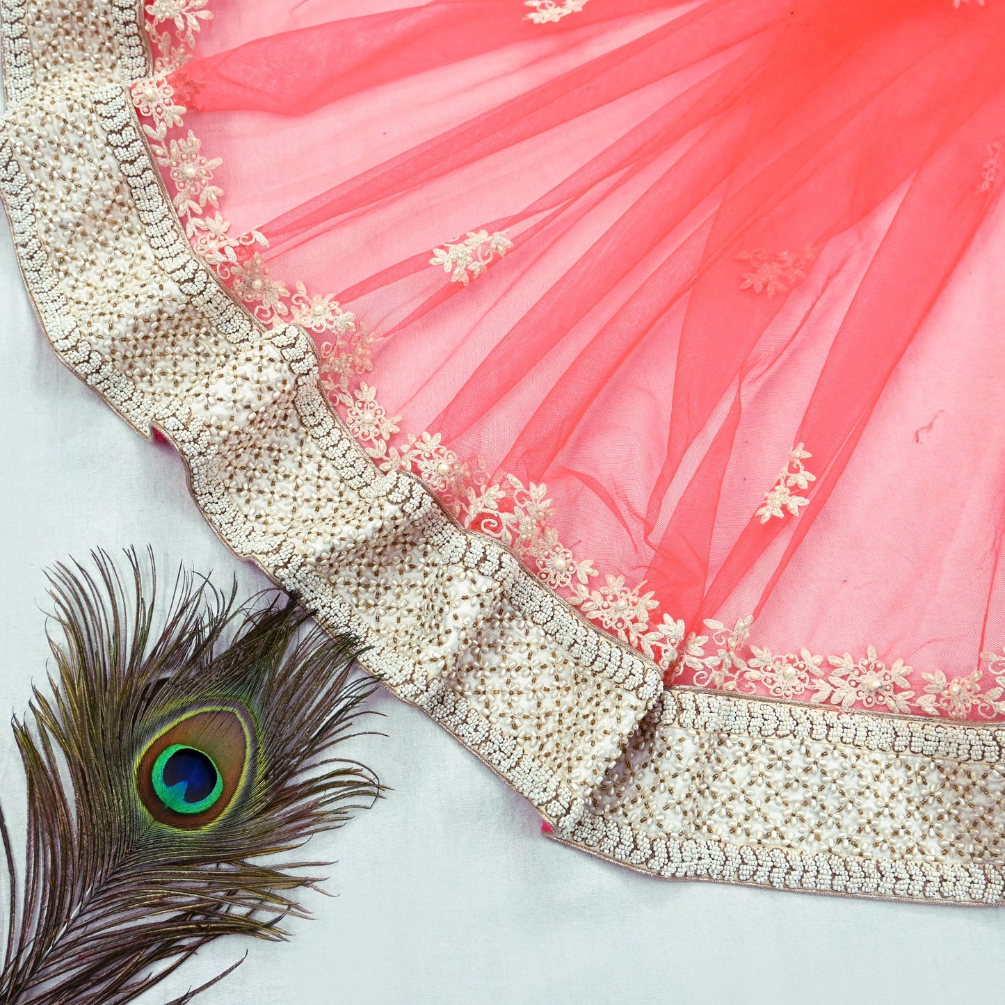 Indian Pre-owned Heavy Dupatta Pink Net Long Stole Hand Embroidered By Designer Abu Jani Scarves Bridal Veil