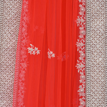 Indian Pre-owned Heavy Dupatta Pink Net Long Stole Hand Embroidered By Designer Abu Jani Scarves Bridal Veil