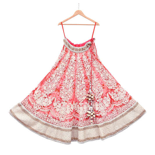 Pre-Owned Designer Abu Jani Hand Embroidered Pink Net Lehenga Skirt with Pearl Beads Sequins Work Bridal Couture Heavy Indian Wear