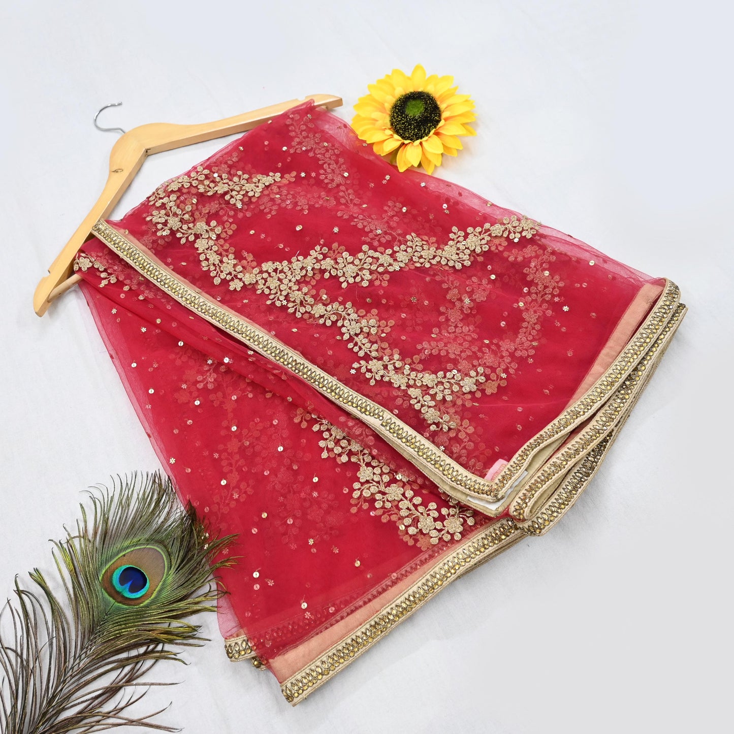Pre-Owned Designer Abu Jani Hand Embroidered Golden Red Chanderi Silk Net Bridal Lehenga Set with Dupatta & Blouse Couture Outfit