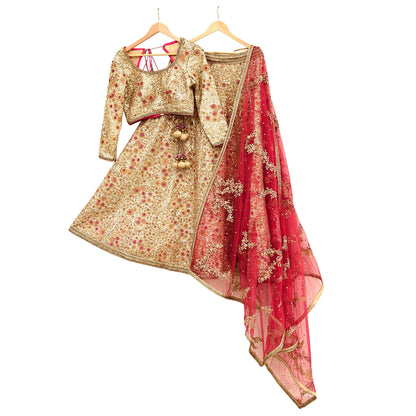 Pre-Owned Designer Abu Jani Hand Embroidered Golden Red Chanderi Silk Net Bridal Lehenga Set with Dupatta & Blouse Couture Outfit