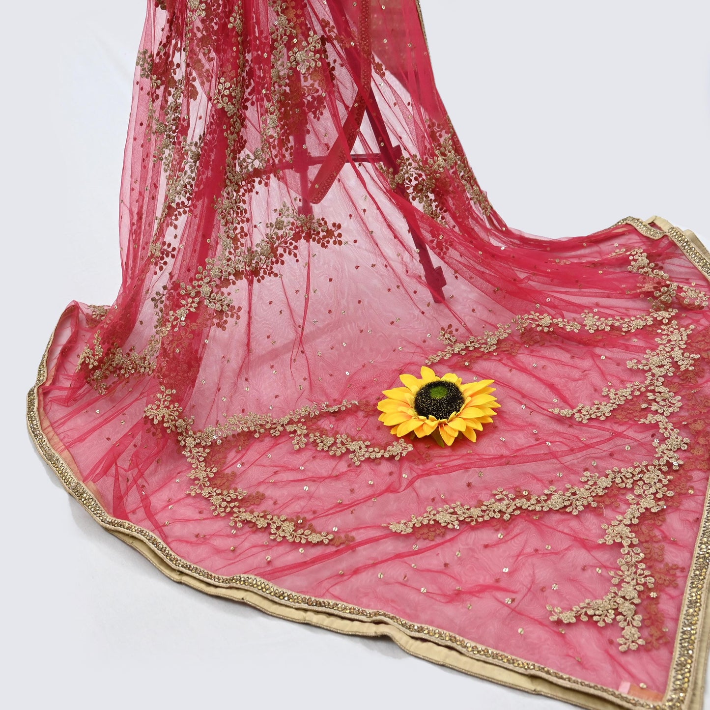 Pre-Owned Designer Abu Jani Hand Embroidered Golden Red Chanderi Silk Net Bridal Lehenga Set with Dupatta & Blouse Couture Outfit