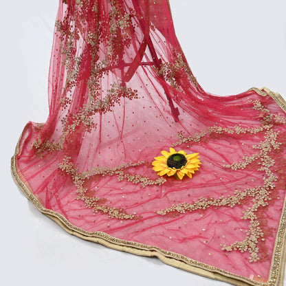 Pre-Owned Designer Abu Jani Hand Embroidered Golden Red Chanderi Silk Net Bridal Lehenga Set with Dupatta & Blouse Couture Outfit