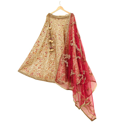 Pre-Owned Designer Abu Jani Hand Embroidered Golden Red Chanderi Silk Net Bridal Lehenga Set with Dupatta & Blouse Couture Outfit