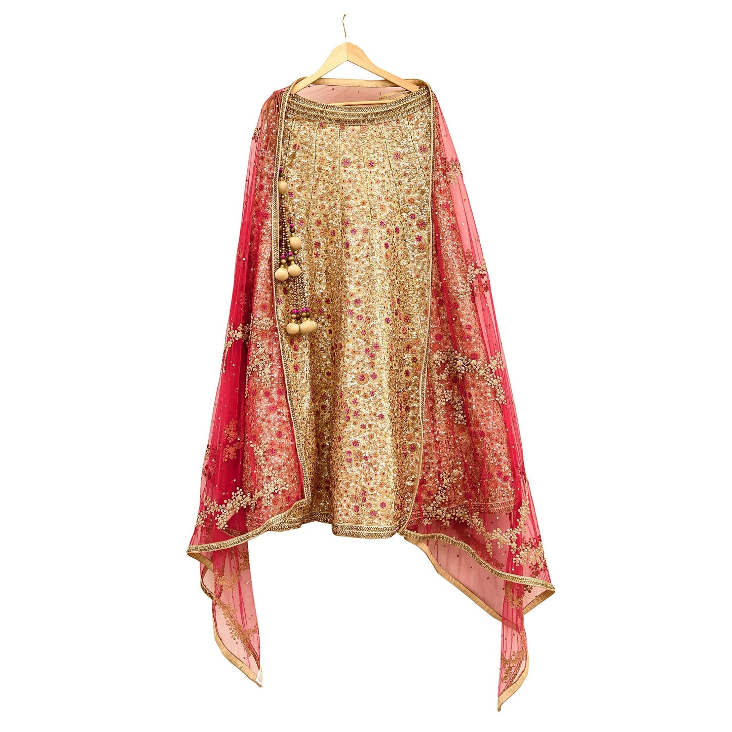 Pre-Owned Designer Abu Jani Hand Embroidered Golden Red Chanderi Silk Net Bridal Lehenga Set with Dupatta & Blouse Couture Outfit