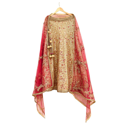 Pre-Owned Designer Abu Jani Hand Embroidered Golden Red Chanderi Silk Net Bridal Lehenga Set with Dupatta & Blouse Couture Outfit