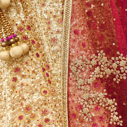 Pre-Owned Designer Abu Jani Hand Embroidered Golden Red Chanderi Silk Net Bridal Lehenga Set with Dupatta & Blouse Couture Outfit