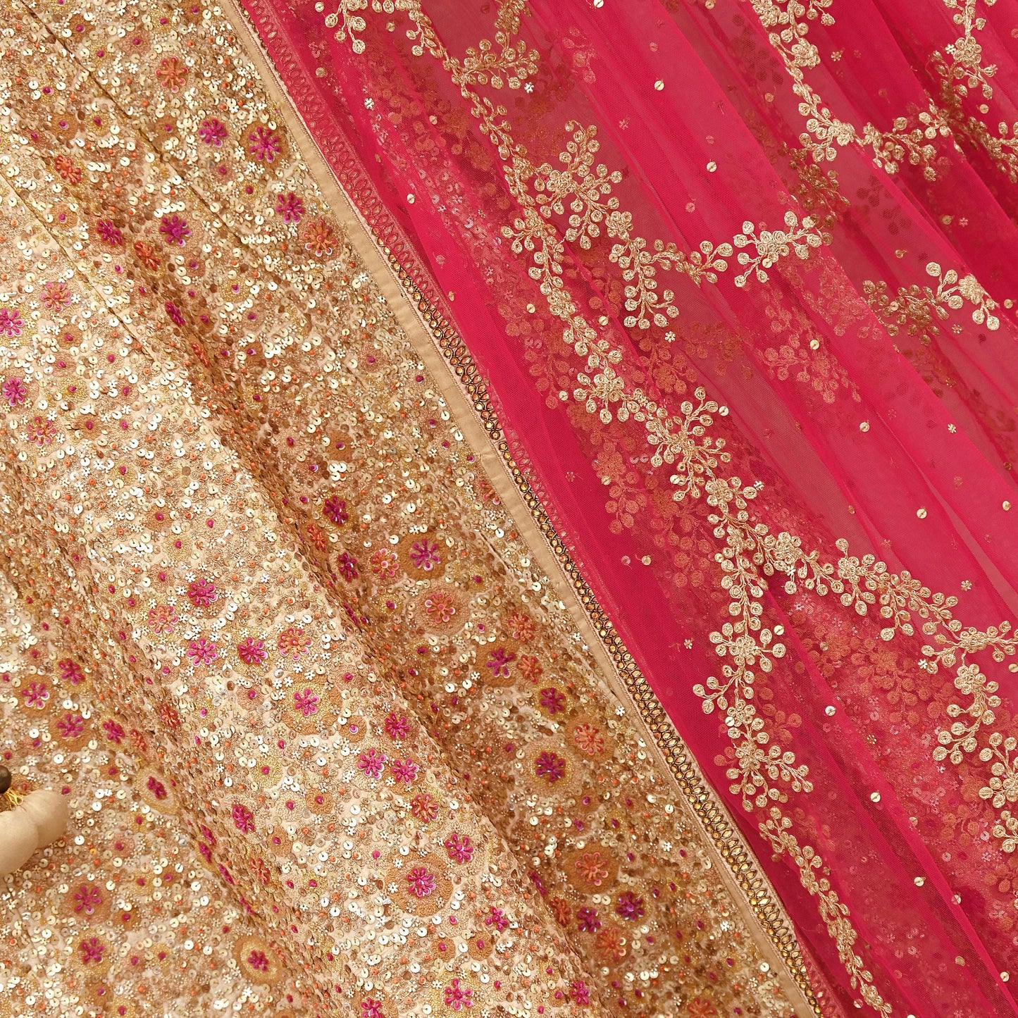 Pre-Owned Designer Abu Jani Hand Embroidered Golden Red Chanderi Silk Net Bridal Lehenga Set with Dupatta & Blouse Couture Outfit