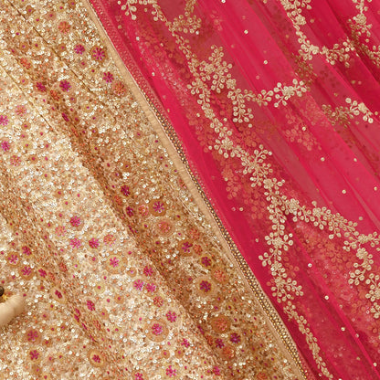 Pre-Owned Designer Abu Jani Hand Embroidered Golden Red Chanderi Silk Net Bridal Lehenga Set with Dupatta & Blouse Couture Outfit