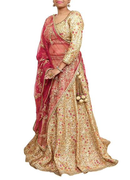 Pre-Owned Designer Abu Jani Hand Embroidered Golden Red Chanderi Silk Net Bridal Lehenga Set with Dupatta & Blouse Couture Outfit