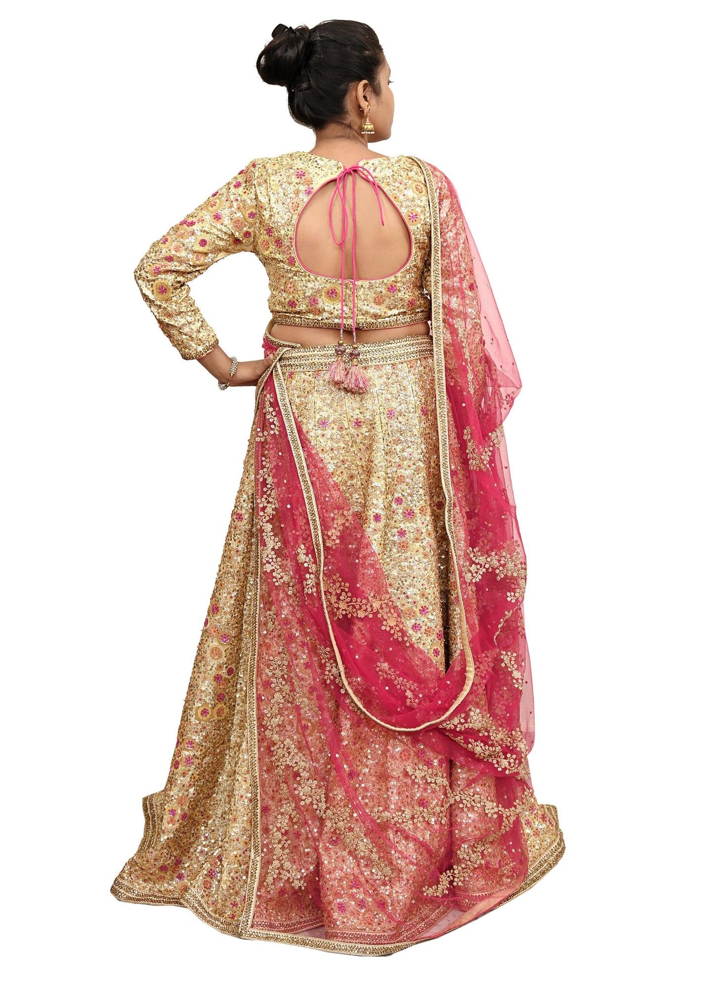 Pre-Owned Designer Abu Jani Hand Embroidered Golden Red Chanderi Silk Net Bridal Lehenga Set with Dupatta & Blouse Couture Outfit