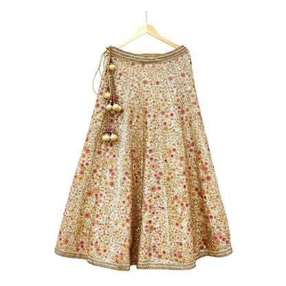 Pre-Owned Designer Abu Jani Hand Embroidered Golden Red Chanderi Silk Net Bridal Lehenga Set with Dupatta & Blouse Couture Outfit