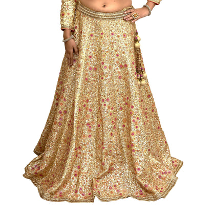 Pre-Owned Designer Abu Jani Hand Embroidered Golden Red Chanderi Silk Net Bridal Lehenga Set with Dupatta & Blouse Couture Outfit