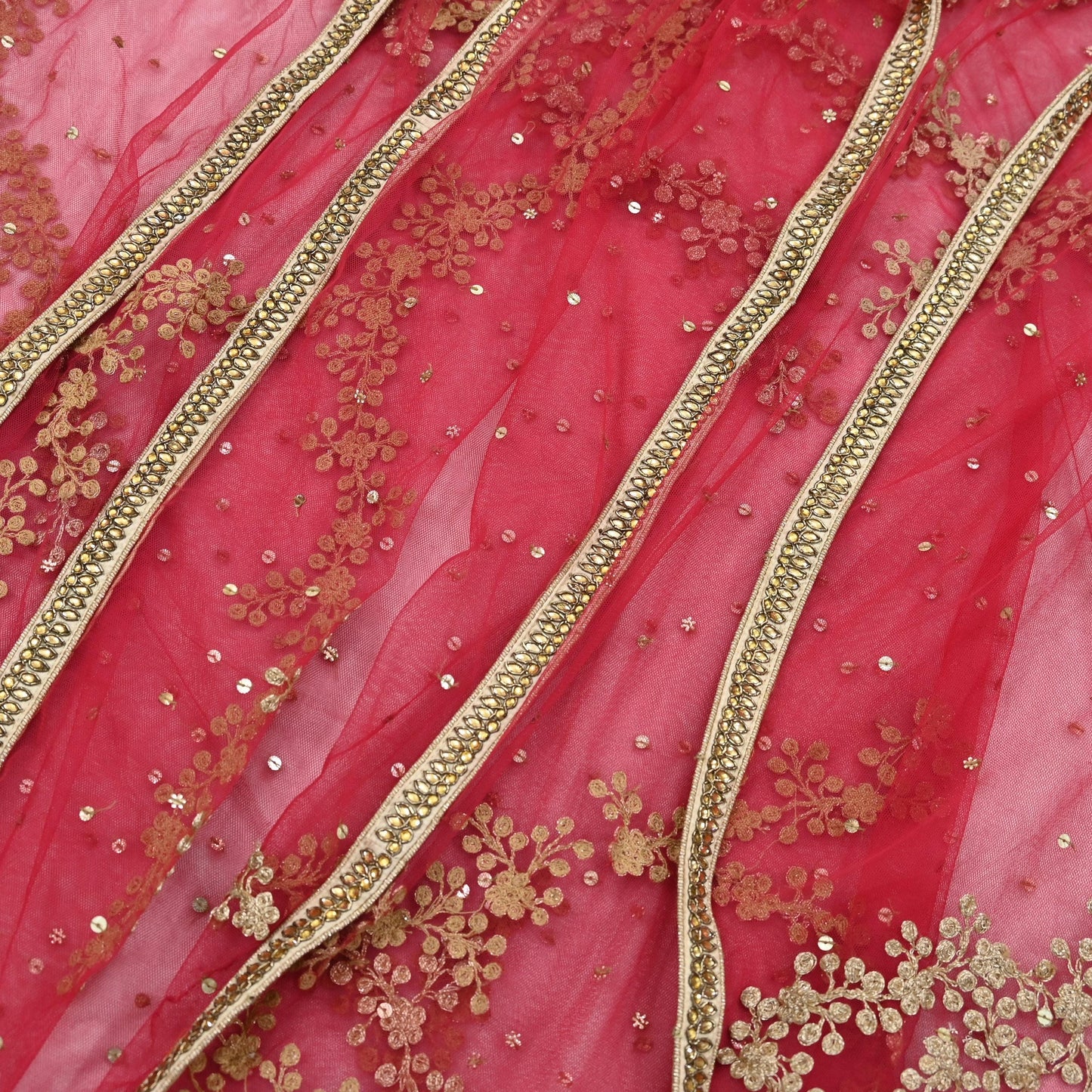 Indian Pre-owned Heavy Dupatta Red Net Long Stole Hand Embroidered By Designer Abu Jani Scarves Bridal Veil