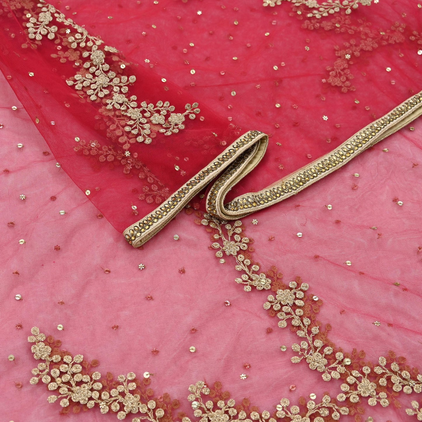 Indian Pre-owned Heavy Dupatta Red Net Long Stole Hand Embroidered By Designer Abu Jani Scarves Bridal Veil