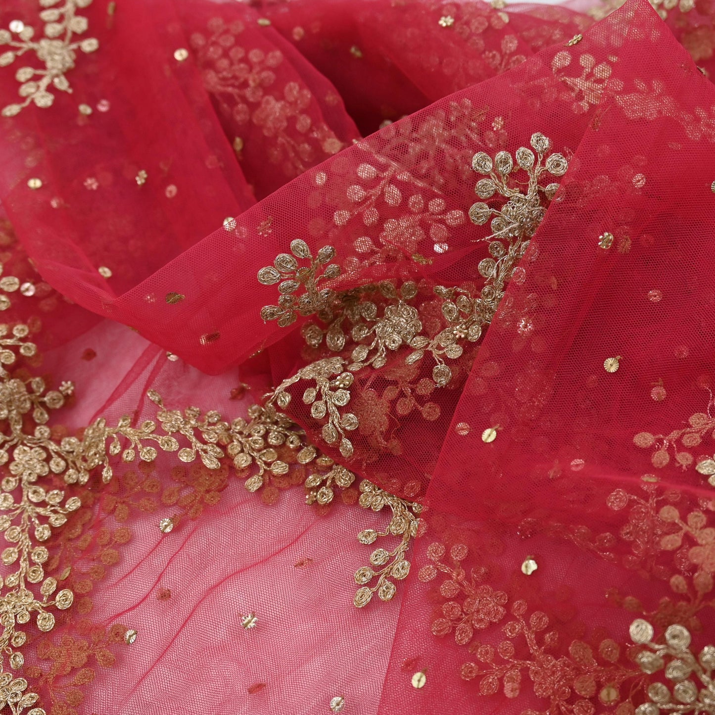 Indian Pre-owned Heavy Dupatta Red Net Long Stole Hand Embroidered By Designer Abu Jani Scarves Bridal Veil