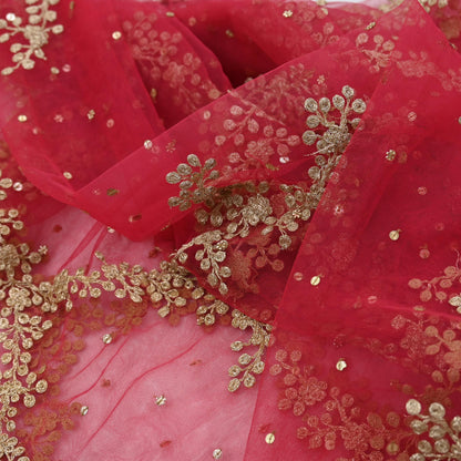 Indian Pre-owned Heavy Dupatta Red Net Long Stole Hand Embroidered By Designer Abu Jani Scarves Bridal Veil