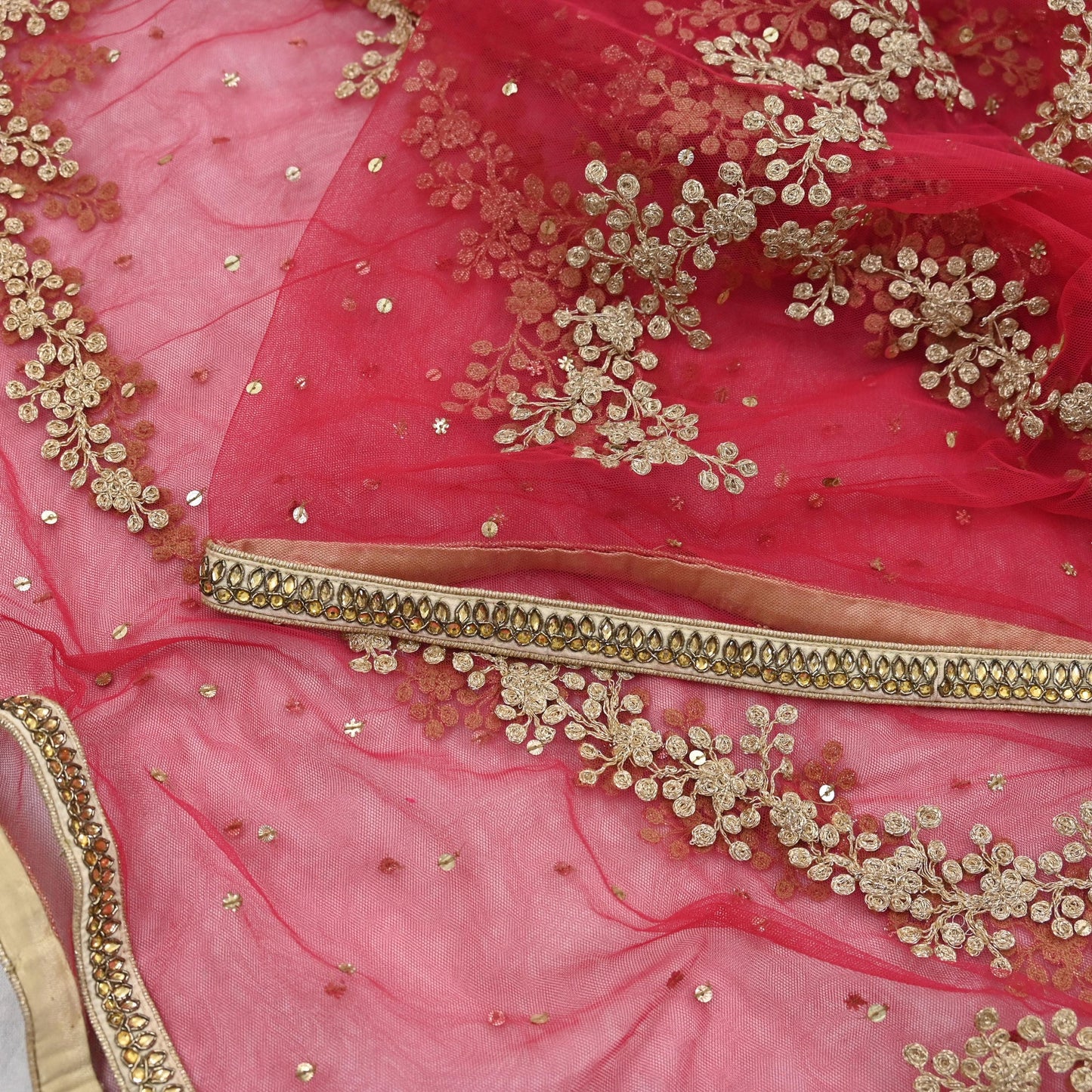Indian Pre-owned Heavy Dupatta Red Net Long Stole Hand Embroidered By Designer Abu Jani Scarves Bridal Veil