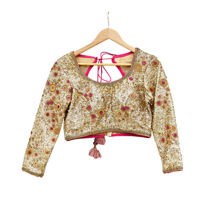 Indian Pre-owned Golden Pure Chanderi Silk Hand Embroidered By Designer Abu Jani Blouse/Top/Crop 34 M Size Party wear Bollywood