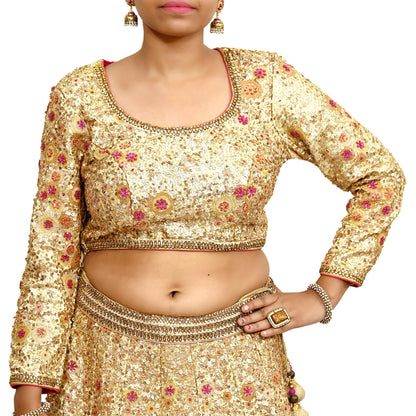 Indian Pre-owned Golden Pure Chanderi Silk Hand Embroidered By Designer Abu Jani Blouse/Top/Crop 34 M Size Party wear Bollywood