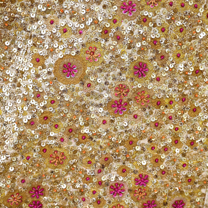 Indian Pre-owned Golden Pure Chanderi Silk Hand Embroidered By Designer Abu Jani Blouse/Top/Crop 34 M Size Party wear Bollywood