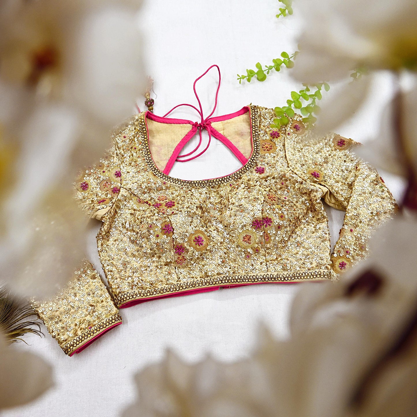 Indian Pre-owned Golden Pure Chanderi Silk Hand Embroidered By Designer Abu Jani Blouse/Top/Crop 34 M Size Party wear Bollywood