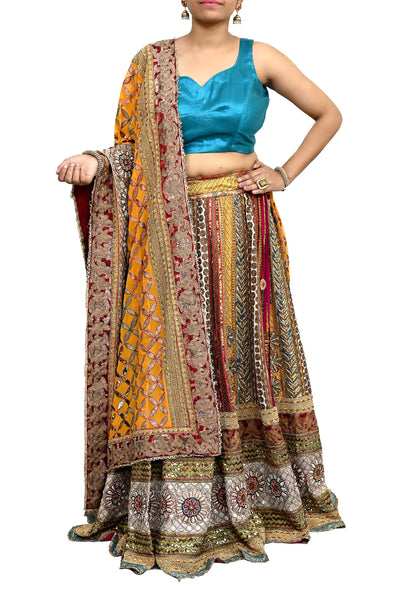 Indian Pre-owned Heavy Wedding Hand Embroidered Lehenga/Dupatta Designer By Anamika Khanna Zardozi Bridal Wear Floral Design