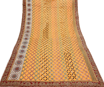 Indian Pre-Owned Heavy Hand Embroidered By Designer Anamika Khanna Dupatta Saffron Pure Georgette Silk  Wedding/Party