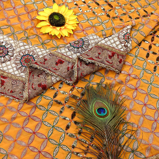 Indian Pre-Owned Heavy Hand Embroidered By Designer Anamika Khanna Dupatta Saffron Pure Georgette Silk  Wedding/Party